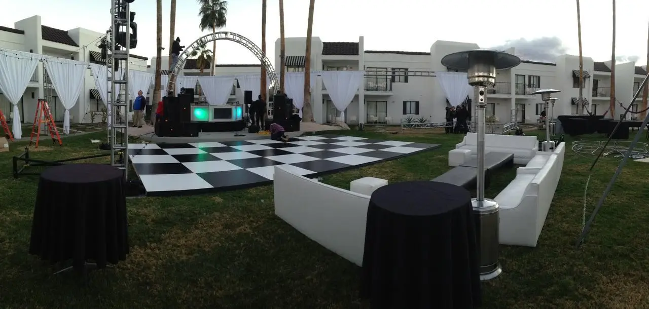 Outdoor Resort Checkerboard Dance Floor Stage Lounge Seating Event Production Las Vegas
