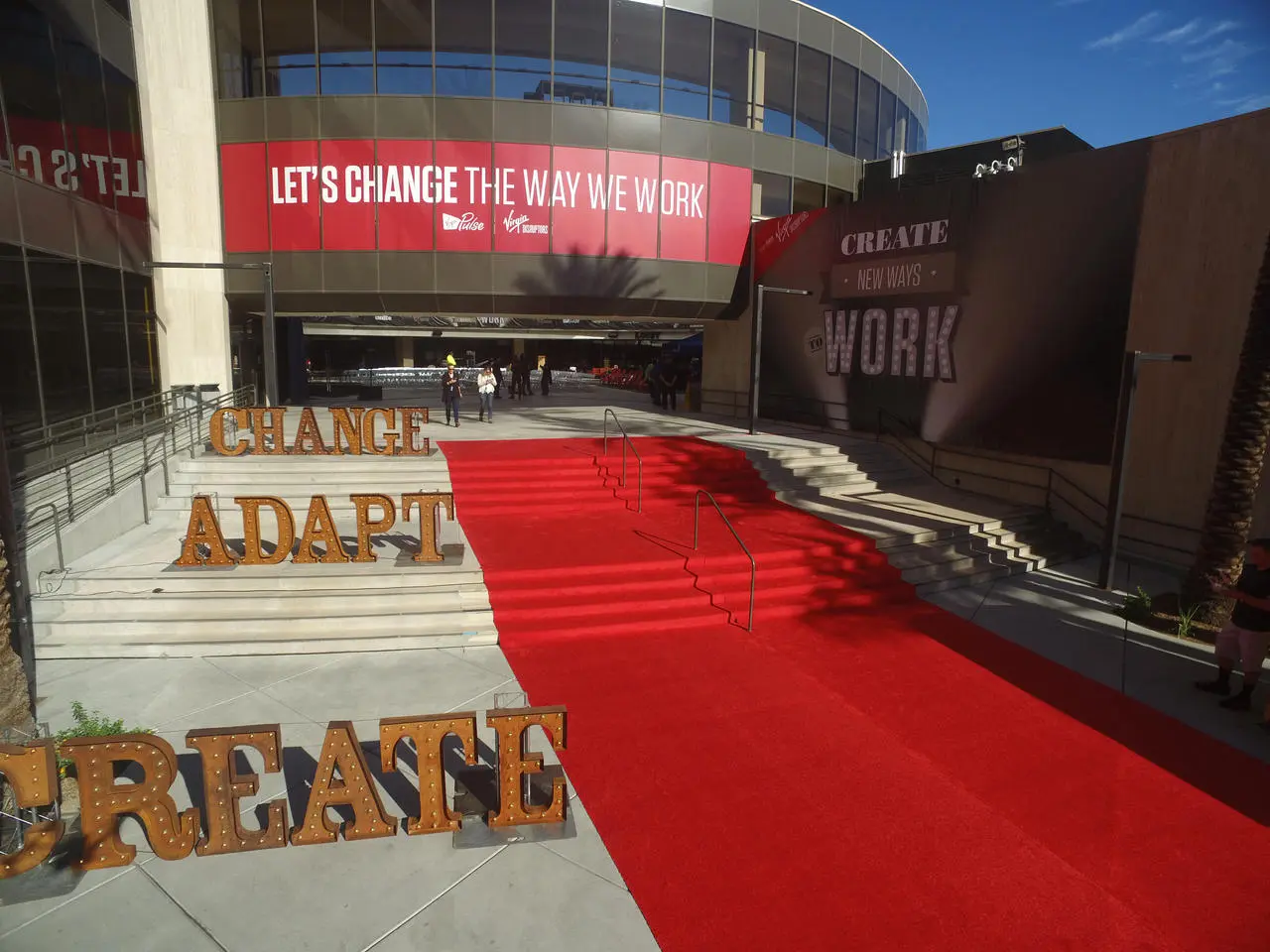 Virgin Pulse corporate event with red carpet entrance and illuminated letters in Las Vegas