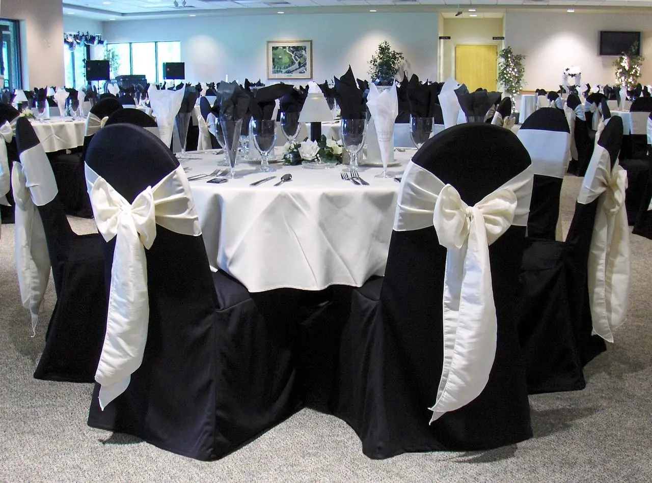Formal Banquet Black Chairs White Sashes Elegant Dining Event Production Las Vegas
