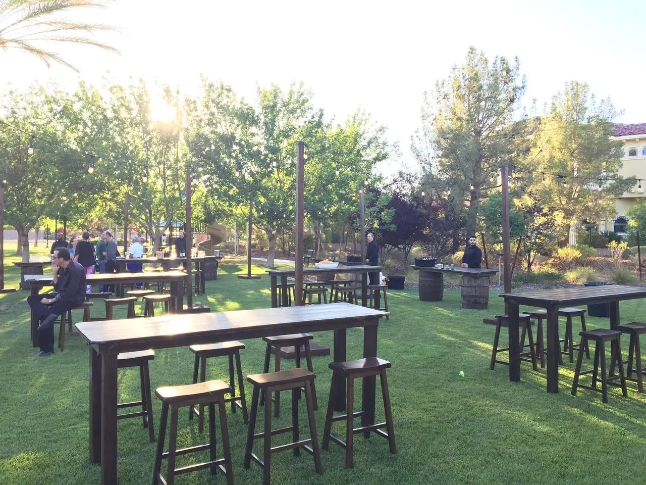 Outdoor Event Dark Brown High Top Tables Bar Stools Event Production Las Vegas
