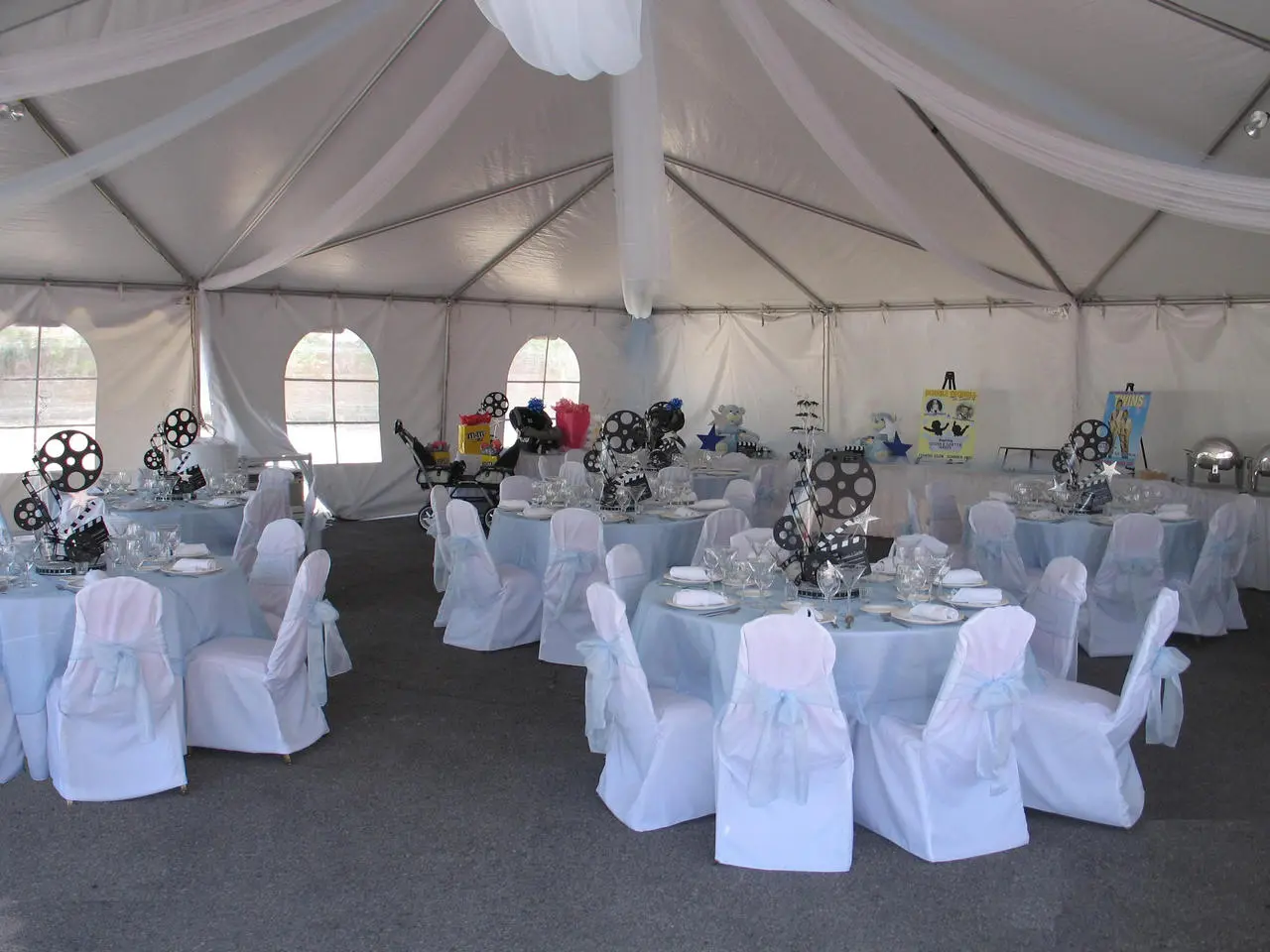 White Tent Blue Tablecloths Movie Themed Centerpieces Event Production Las Vegas